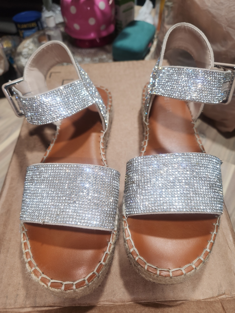 Sparkle Rhinestone Silver Espadrille Sandals - Women